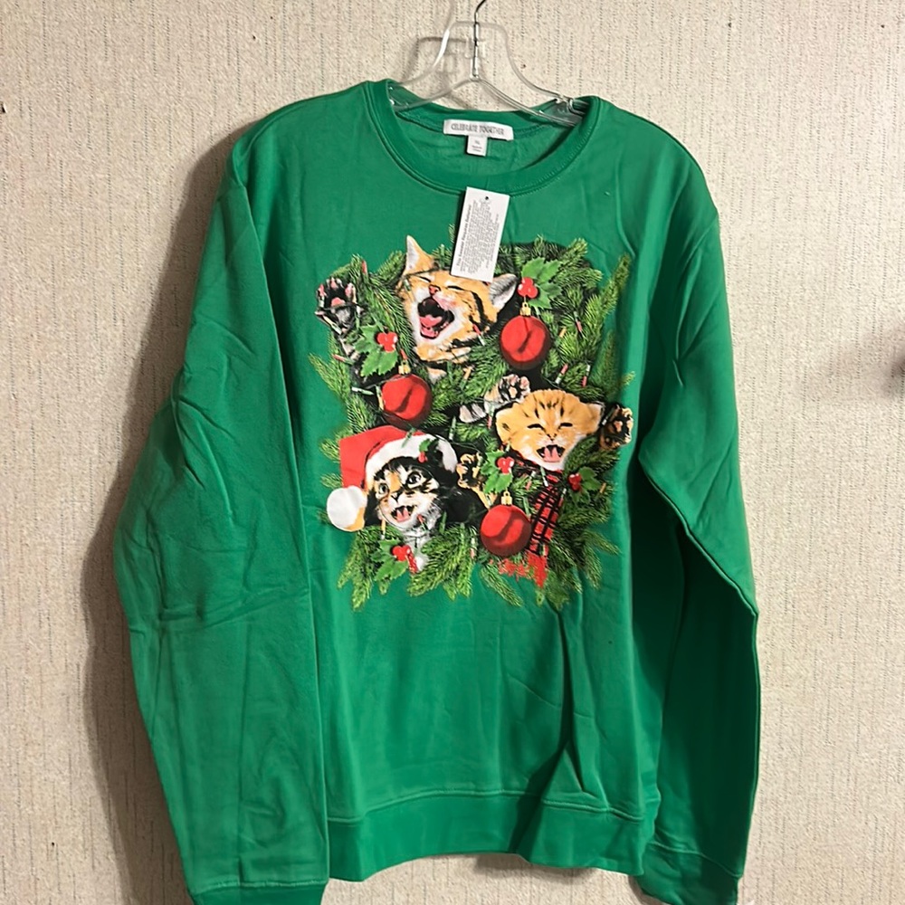 CELEBRATE TOGETHER SINGING CAT CHRISTMAS SWEATSHIRT: GREEN: NWT: SZ XL